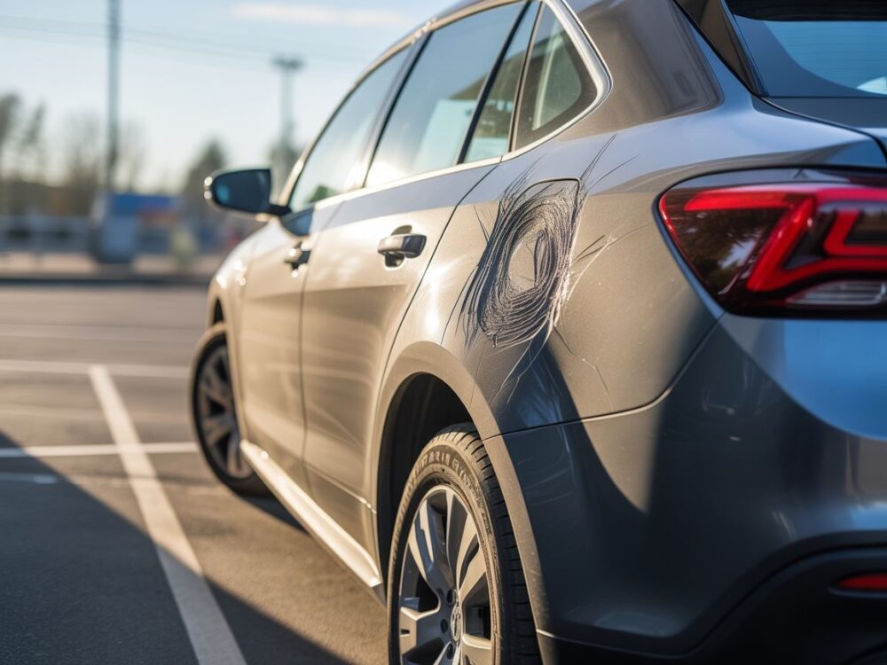 Zarysowane auto na parkingu