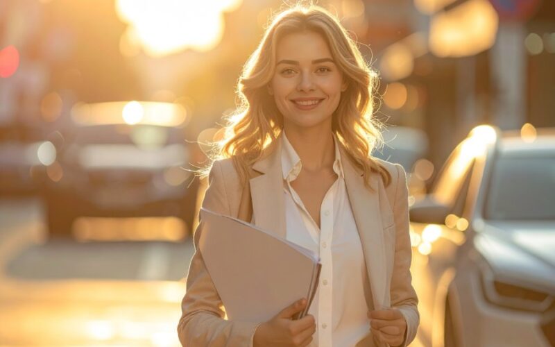 Kobieta z dokumentami po sprzedaży samochodu