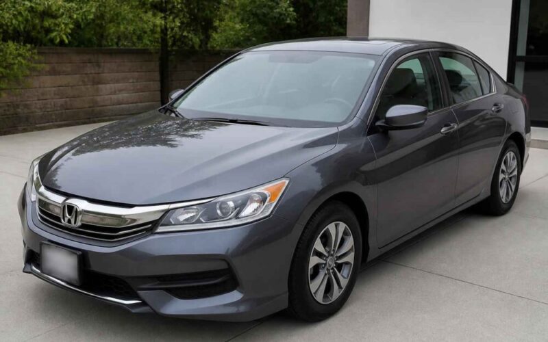 Ciemnoszara Honda Accord zaparkowana na podjeździe przed domem