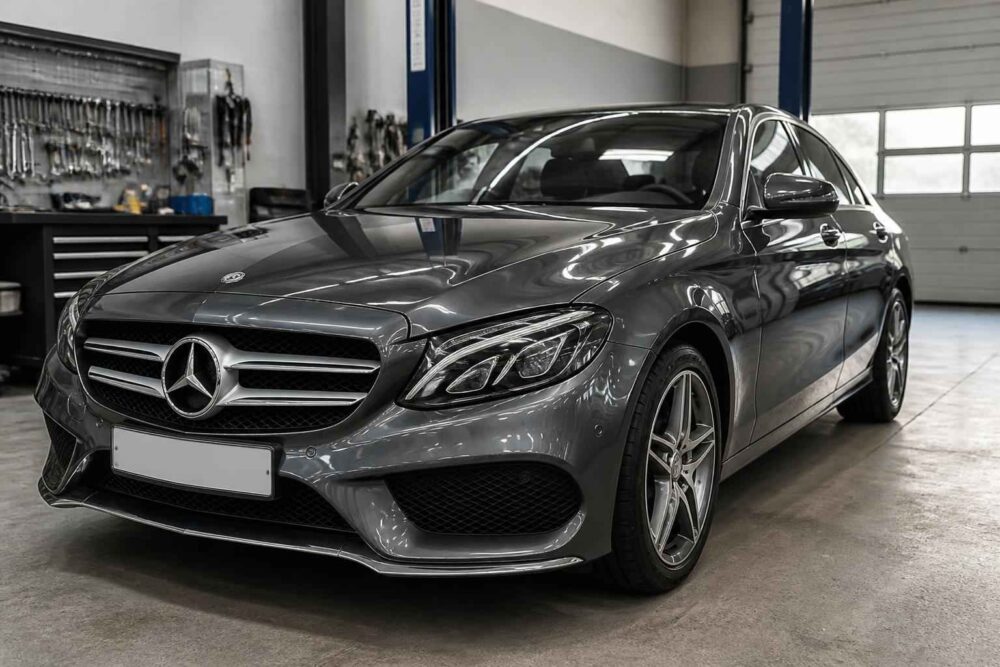 Grafitowy Mercedes-Benz Klasy C stojący wewnątrz nowoczesnego warsztatu samochodowego