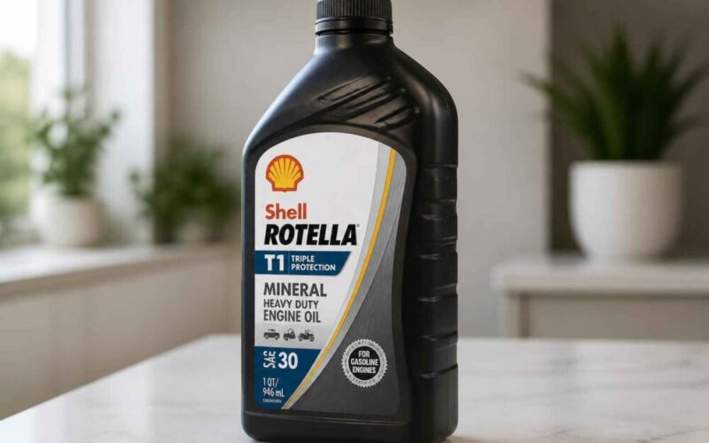 Czarna butelka oleju silnikowego Shell Rotella T1 30 na kuchennym blacie