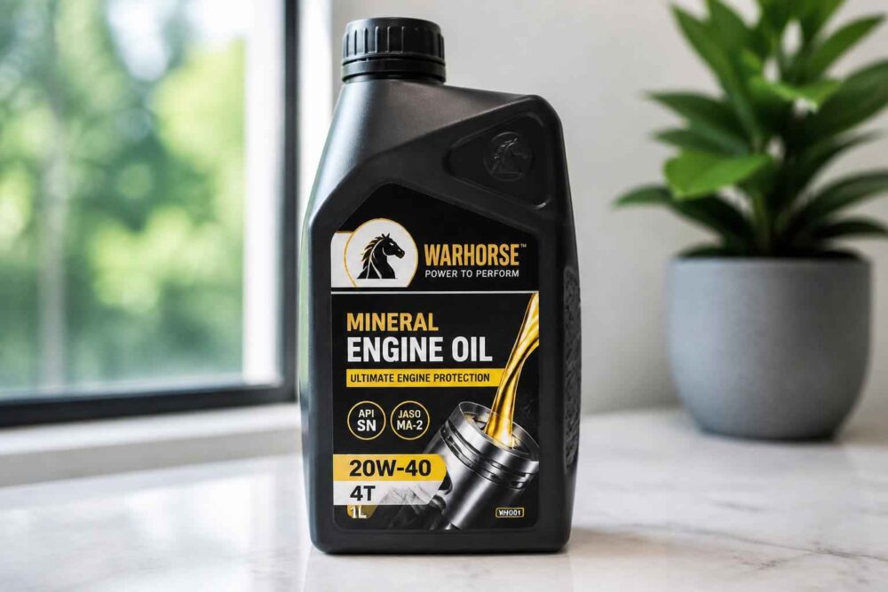 Czarna butelka oleju Warhorse 20W-40 4T stojąca na blacie przy oknie i roślinie doniczkowej