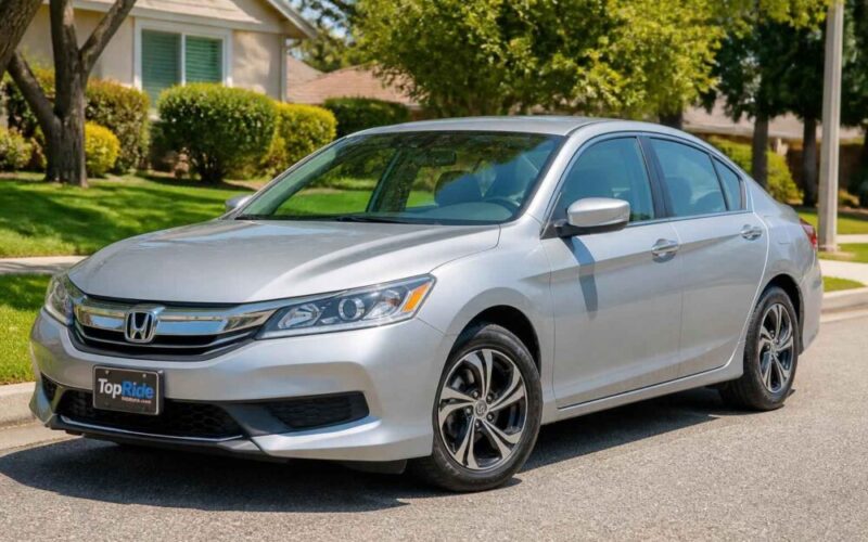 Srebrna Honda Accord zaparkowana przy ulicy, na tle domów i zielonych żywopłotów