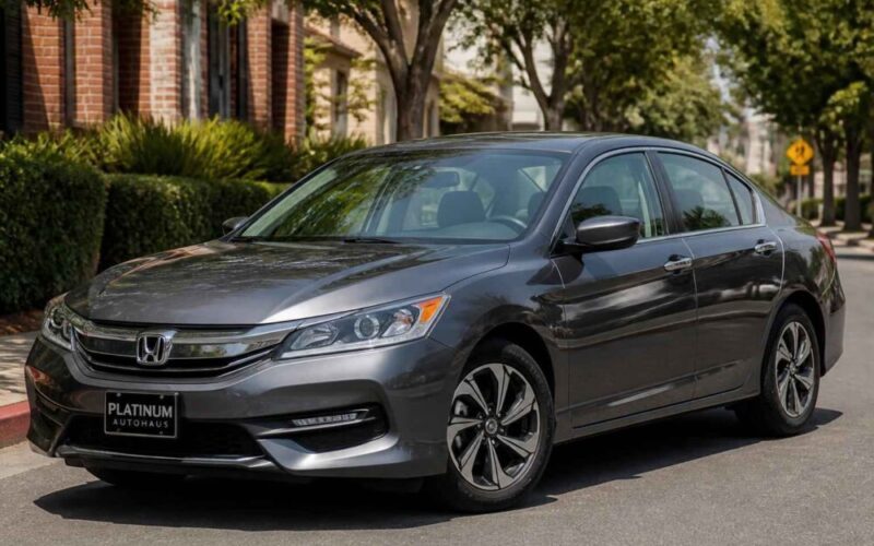 Szary Honda Accord zaparkowany przy krawężniku, w otoczeniu drzew i miejskiej zabudowy